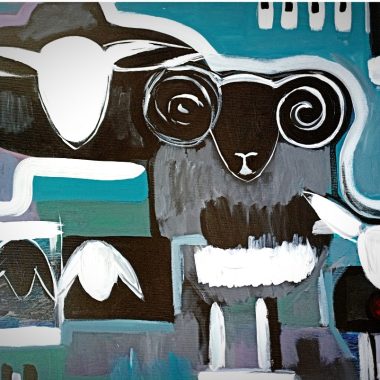 ציור מקורי: IMG_20210820_123715 הוא ציור פופ ארט מופשט של כבשים מסוגננות עם פרצופים לבנים וקרניים ספירליות על רקע גיאומטרי בצבעי טורקיז, שחור וסגול, תוך שימוש בקווים מודגשים ליצירת מראה מודרני ושובב. מוסיף צבע וייחודיות לכל חלל.