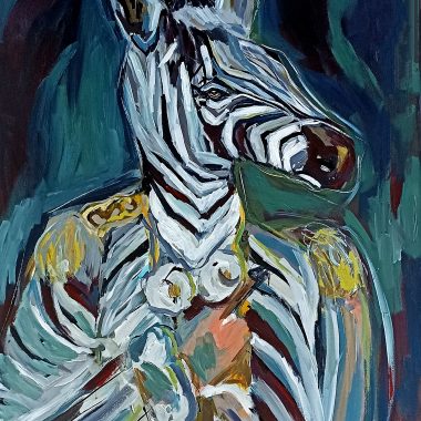 ציור מקורי: הלורד בפסים הוא ציור זברה על קנבס בסגנון אבסטרקטי, עם משיכות מכחול נועזות וצבעים חיים—פסים בירוק, כחול, צהוב ואדום מעניקים לזברה מראה דינמי ואקספרסיבי. מוסיף צבע וייחודיות לכל חלל.