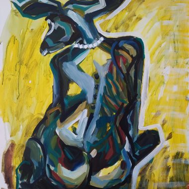 ציור מקורי: חיה נשית הוא ציור מופשט של דמות עירומה יושבת עם אוזני ארנב ושרשרת פנינים, הנראית מאחור. משיחות מכחול נועזות וצבעוניות ורקע צהוב עז מדגישים את נשיותה של הדמות. מוסיף צבע וייחודיות לכל חלל.