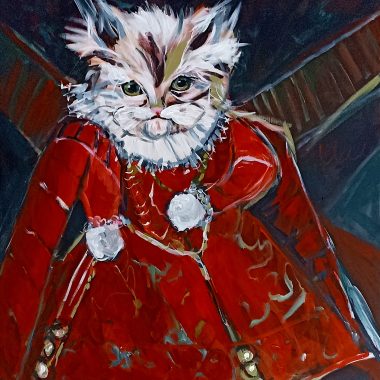 ציור מקורי: חתלתולה בשמלה אדומה: ציור של חתלתולה לבנה-חומה בלבוש שמלה אדומה מהודרת עם קישוטים לבנים ושרשרת פנינים, ברקע מופשט כהה. החתלתולה מביטה קדימה במבט מלכותי ומלא הבעה. מוסיף צבע וייחודיות לכל חלל.