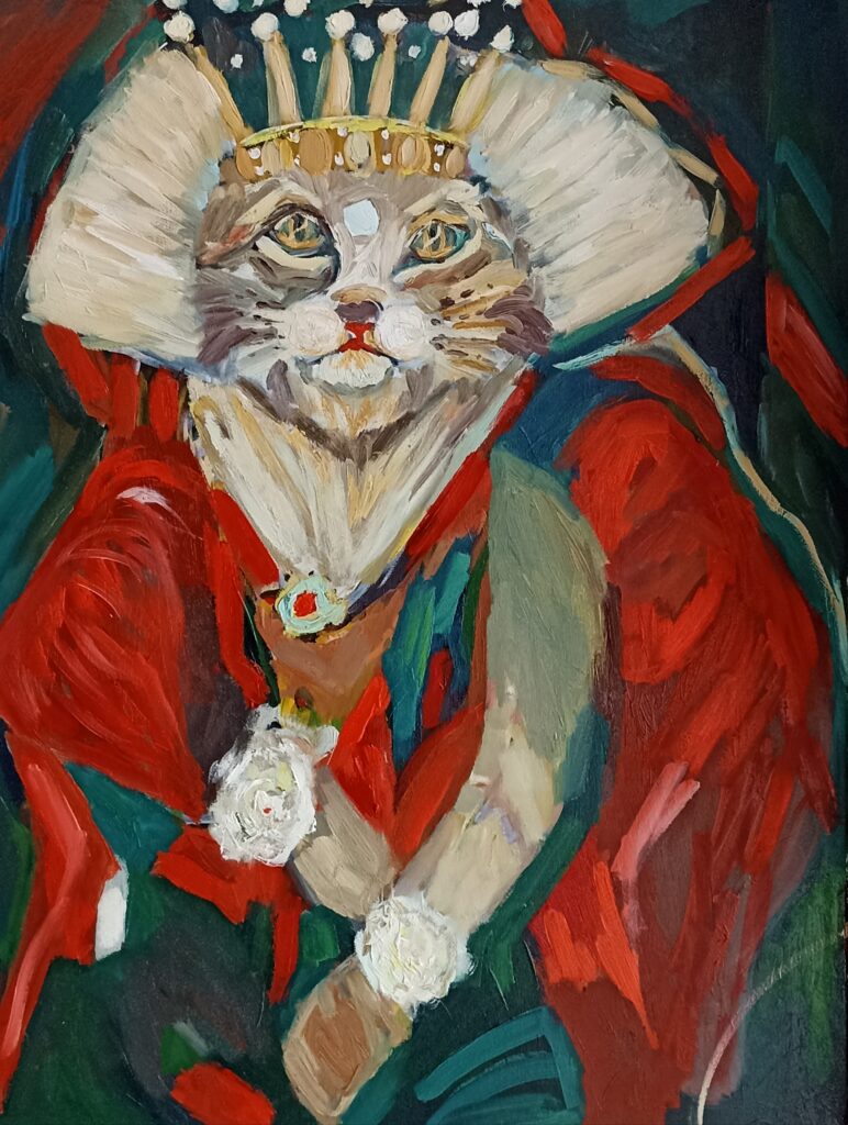 ציור מקורי: ציור מלא חיים של חתול לבוש בבגדי מלכות — כתר, גלימה אדומה וירוקה עם עיטורים לבנים וזהובים — הדומה לדיוקן מלכותי. מוצר: 647F5AF7CEB052BC5667D8CC2F6B3BADA4E6277B. מוסיף צבע וייחודיות לכל חלל.