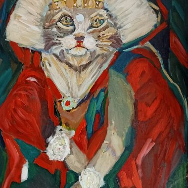 ציור מקורי: ציור מלא חיים של חתול לבוש בבגדי מלכות — כתר, גלימה אדומה וירוקה עם עיטורים לבנים וזהובים — הדומה לדיוקן מלכותי. מוצר: 647F5AF7CEB052BC5667D8CC2F6B3BADA4E6277B. מוסיף צבע וייחודיות לכל חלל.