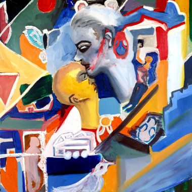 ציור מקורי: IMG_20190527_114401_517: ציור מופשט צבעוני המציג שני פרצופים העומדים להתנשק, עין גדולה מעליהם, אלמנטים של ציפורים ופרפרים מתחתיהם, בצבעים עזים וצורות גיאומטריות בקומפוזיציה סוריאליסטית וחלומית. מוסיף צבע וייחודיות לכל חלל.