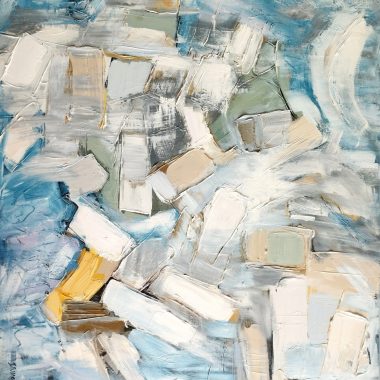 ציור מקורי: IMG_20230308_231212 מתאפיין במשיחות מכחול עבות ומרקמות בגווני לבן, כחול, בז' וצהוב. מלבנים חופפים ודפוסים מסולסלים יוצרים מראה מופשט ודינמי עם צבעים מודרניים ושכבות צבע אקספרסיביות. מוסיף צבע וייחודיות לכל חלל.