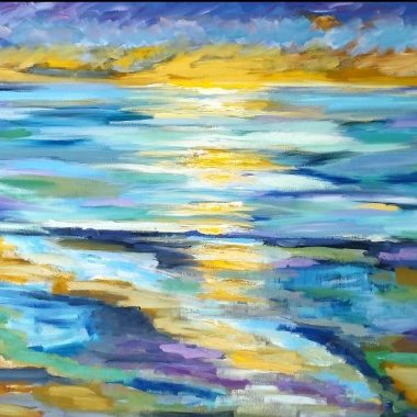 ציור מקורי: Screenshot_2023-05-16-18-21-16-350-edit_com.miui.gallery הוא ציור שמן אימפרסיוניסטי צבעוני של שקיעה על בד, המציג גוונים עזים של כחול, סגול, צהוב וכתום המשקפים את אור השמש על המים והחול. מוסיף צבע וייחודיות לכל חלל.