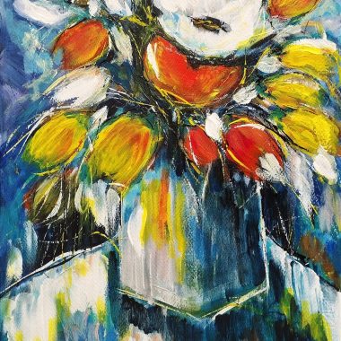 ציור מקורי: Il_fullxfull.5600139874_t6cx.jpg מציג ציור מופשט ותוסס של אגרטל עם פרחים כתומים, צהובים ולבנים על רקע כחול-ירוק, המובא לחיים באמצעות משיכות מכחול נועזות ושכבות צבע מודרניות ומלאות הבעה. מוסיף צבע וייחודיות לכל חלל.