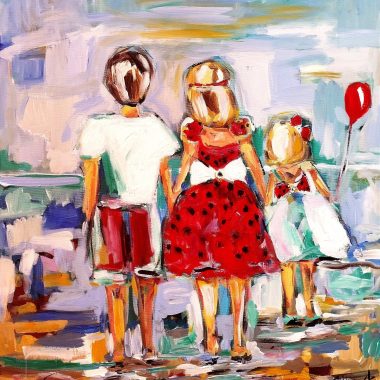 ציור מקורי: Il_fullxfull.5645973997_grhn.jpg מציג ציור אימפרסיוניסטי מלא חיים של שלושה ילדים זה לצד זה, המציג אמנות פיגורטיבית מופשטת עם שמלה אדומה ובלון, ומוסיף קסם מודרני שובב כקישוט קיר מרשים. מוסיף צבע וייחודיות לכל חלל.