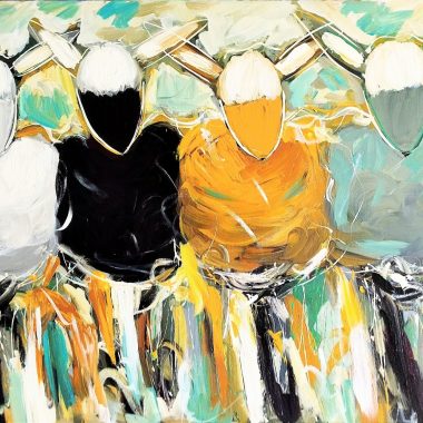 ציור מקורי: Il_fullxfull.5758920109_ec2v.jpg מציג ארבע דמויות חסרות פנים עם ראשים מוארכים וצורות דמויות קרניים בצבעים עזים — משיחות מכחול דינמיות הופכות אותו ליצירת אמנות כפרית או חקלאית נועזת, אידיאלית להחייאת כל חלל. מוסיף צבע וייחודיות לכל חלל.