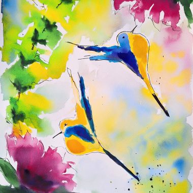 ציור מקורי: שני יונקי דבש תוססים, צבועים בכחול, צהוב וכתום, מרחפים בין כתמים מופשטים של ירוק ומג'נטה ב-il_fullxfull.5936604253_2z37.jpg — ציור בצבעי מים מושלם להוספת קסם תוסס לעיצוב הבית שלכם. מוסיף צבע וייחודיות לכל חלל.