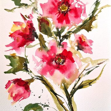 ציור מקורי: Il_fullxfull.6245533536_tkir.jpg מציג ציור בצבעי מים בעבודת יד של פרחים ורודים עזים ועלים ירוקים על נייר לבן, עם משיכות מכחול נועזות, קצוות רכים וכתמי צבע מותזים, ליצירת יצירת אמנות פרחונית אקספרסיבית. מוסיף צבע וייחודיות לכל חלל.