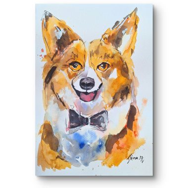 ציור מקורי: הקובץ il_fullxfull.6290558452_pswp.jpg מציג דיוקן בצבעי מים של כלב מחייך עם פרווה כתומה, חומה ולבנה, העונד עניבת פרפר שחורה. לשונו של הגור מבצבצת על רקע נייר כותנה לבן. מוסיף צבע וייחודיות לכל חלל.