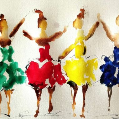 ציור מקורי: Il_fullxfull.6304078430_hcq7.jpg מציג ציור בצבעי מים של ארבע רקדניות בשמלות ירוקות, אדומות, צהובות וכחולות, עם זרועות מורמות. משיחות מכחול רפויות על נייר כותנה יוצרות סצנה תוססת על רקע לבן בוהק. מוסיף צבע וייחודיות לכל חלל.