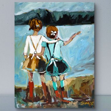 ציור מקורי: שתי נערות צעירות בשמלות ומגפיים עומדות ליד המים ב