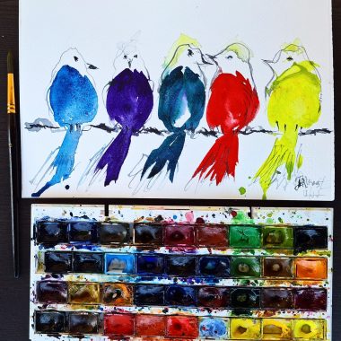 ציור מקורי: ציור מים מלא חיים של חמש ציפורים צבעוניות על ענף, עם פלטת צבעים פתוחה ומכחול, המצויר להפליא על נייר כותנה Fabriano — il_fullxfull.6361754104_ptwo.jpg. מוסיף צבע וייחודיות לכל חלל.