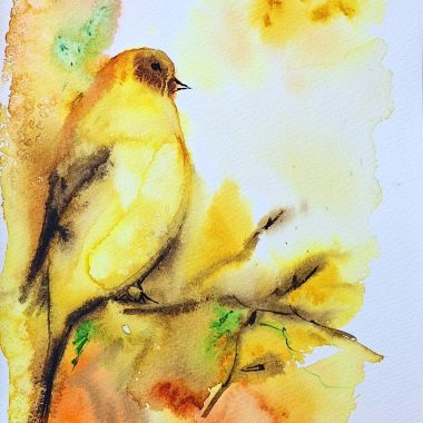ציור מקורי: Il_fullxfull.6361765684_bwpd.jpg מציג ציור מקורי בצבעי מים של ציפור צהובה יושבת על ענף, על רקע צבעוני עם גוונים חמים של כתום וירוק, היוצרים סצנה עדינה ותוססת. מוסיף צבע וייחודיות לכל חלל.