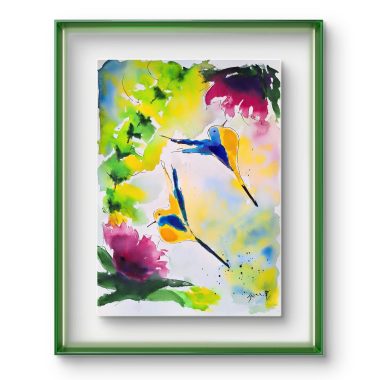 ציור מקורי: Il_fullxfull.6373248763_r73b.jpg מציג שני יונקי דבש צבעוניים עם נוצות כחולות וצהובות, בין עלים ירוקים מופשטים ופרחים ורודים בתוך מסגרת ירוקה — תוספת אידיאלית להאיר את עיצוב הבית שלכם. מוסיף צבע וייחודיות לכל חלל.