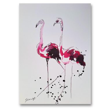 ציור מקורי: הקובץ il_fullxfull.6611734101_pbfp.jpg מציג שני פלמינגו ורודים מצוירים בסגנון אבסטרקטי ונינוח בצבעי מים על נייר כותנה, המוסיפים קסם ידני על רקע לבן בוהק. מוסיף צבע וייחודיות לכל חלל.