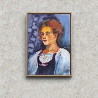 ציור מקורי: דיוקן ממוסגר (il_fullxfull.7053580850_nl1u.jpg) של אישה ג'ינג'ית בחולצה לבנה ווסט כהה תלוי על קיר בעל מרקם בהיר, עם דפוסים כהים מופשטים ברקע הציור. מוסיף צבע וייחודיות לכל חלל.