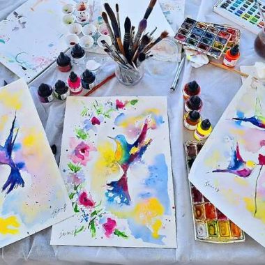 ציור ציפורים בצבעי מים