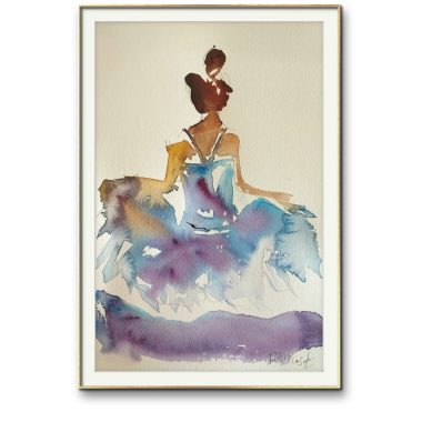 ציור מקורי: Il_fullxfull.6304980946_aetx.jpg מציג ציור בצבעי מים של אישה מאחור, לבושה בשמלה כחולה וסגולה עם רצועות לבנות, שיערה אסוף לקוקו — הרקע נותר ריק כדי להדגיש את הדמות. מוסיף צבע וייחודיות לכל חלל.