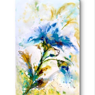 ציור מקורי: Il_fullxfull.7115741180_90d3.jpg מציג אמנות פרחונית מופשטת עם פרח כחול, גבעול ירוק ועלים צהבהבים במשיחות מכחול חופשיות על רקע לבן — אידיאלי לקישוט קירות בוטני. מוסיף צבע וייחודיות לכל חלל.