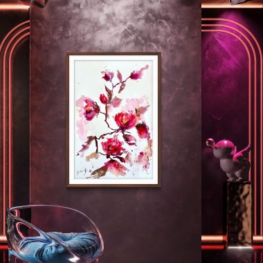 ציור מקורי: חדר מודרני עם תאורה ורודה כהה כולל את יצירת האמנות הממוסגרת il_fullxfull.7182015015_76hk.jpg על הקיר, כיסא שקוף עם כרית כחולה ופסל מופשט ורוד המוצג על מעמד קטן. מוסיף צבע וייחודיות לכל חלל.