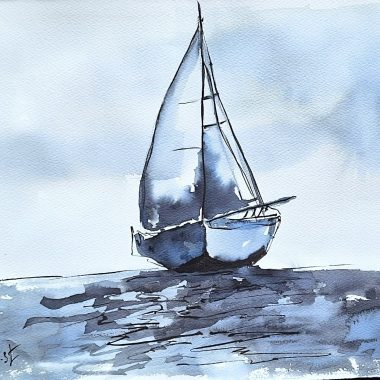 ציור מקורי: יצירת אמנות מרגיעה בצבעי מים, המציגה סירה עם שני מפרשים הגולשת על מים רגועים בגווני כחול ואפור. השמיים השלווים מתמזגים עם הים, והופכים את il_fullxfull.5538576203_kn73.jpg לציור ים שלו על נייר כותנה. מוסיף צבע וייחודיות לכל חלל.