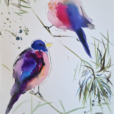 ציור מקורי: היצירה il_fullxfull.5541533336_ho5h.jpg מציגה שני ציפורים צבעוניות על ענפים דקים, הממוקמות בין עלווה ירוקה מופשטת. גוונים ססגוניים של סגול, כחול, אדום וורוד בולטים על רקע לבן, ומוסיפים חיים לכל חדר. מוסיף צבע וייחודיות לכל חלל.