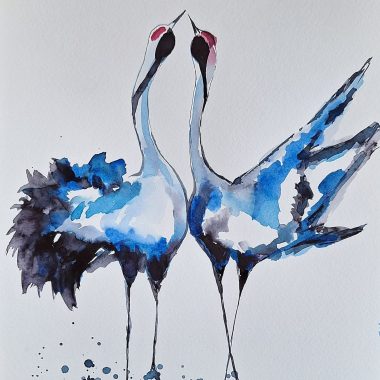 ציור מקורי: Il_fullxfull.5545850554_cx7j.jpg מציג שני עגורים כחולים אלגנטיים עם צווארים ארוכים המעוקלים כלפי מעלה, ומקורים כמעט נוגעים זה בזה. יצירת אמנות זו בצבעי מים מושלמת כקישוט קיר עם עגורים, ומציגה כתמים כחולים, שחורים ולבנים עזים בתחתית. מוסיף צבע וייחודיות לכל חלל.