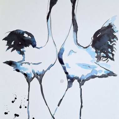 ציור מקורי: Il_fullxfull.5548558638_6epu.jpg מציג שני עגורים מופשטים בצבעי מים בהשראת האמנות היפנית, הפונים זה לזה עם כנפיים פרושות חלקית ומקורים נוגעים זה בזה על רקע בהיר עם כתמי דיו לרגליהם. מוסיף צבע וייחודיות לכל חלל.