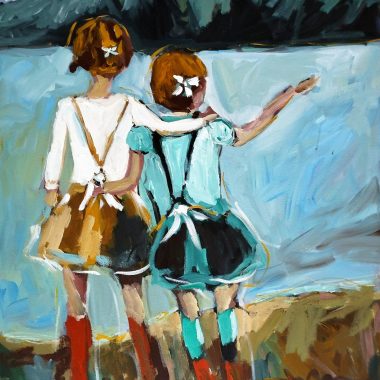 ציור מקורי: בתמונה il_fullxfull.5597883976_6y13.jpg, שתי נערות ג'ינג'יות לבושות שמלות ומגפיים עומדות על שפת אגם, כשברקע נראים הרים. אחת מהן מצביעה על המים; שתיהן חובשות קשתות לשיער. אמנות פיגורטיבית מופשטת מתוארת במשיכות מכחול נועזות ומלאות הבעה על גבי בד. מוסיף צבע וייחודיות לכל חלל.