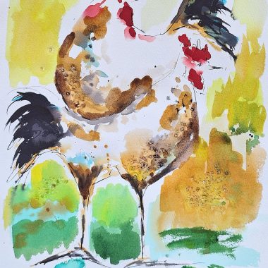 ציור מקורי: ה- il_fullxfull.5619179920_dr3d.jpg הוא ציור בצבעי מים בגודל 11x15 של שני תרנגולים על דשא, בצבעים עזים וברקע ירוק-צהוב מופשט — אידיאלי לחובבי אמנות ייחודית בנושא תרנגולים. מוסיף צבע וייחודיות לכל חלל.