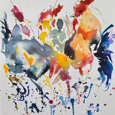 ציור מקורי: היצירה il_fullxfull.5620381310_ef0p.jpg מציגה שני תרנגולים מופשטים הפונים זה לזה, המודגשים במשיכות מכחול אנרגטיות ובכתמים נועזים של אדום, כחול, צהוב וכתום, ליצירת אפקט צבעי מים עז. מוסיף צבע וייחודיות לכל חלל.