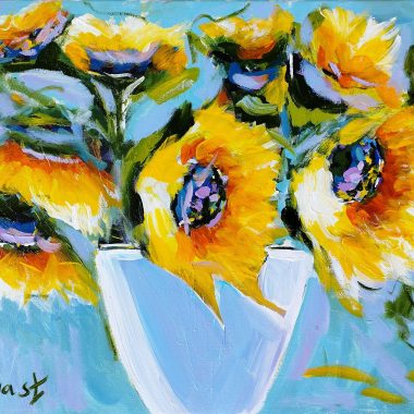 ציור מקורי: Il_fullxfull.5641326323_347c.jpg הוא ציור שמן בעבודת יד המציג חמניות צהובות עזות ועלים ירוקים באגרטל לבן, על רקע כחול. משיכות מכחול נועזות וסגנון איטלקי אקספרסיבי מבליטים את הבד הזה. מוסיף צבע וייחודיות לכל חלל.