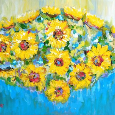 ציור מקורי: Il_fullxfull.5641428605_epkh.jpg הוא ציור שמן חמניות בעבודת יד על בד איטלקי, המציג חמניות צהובות עם עלים ירוקים על רקע כחול וצהוב בהיר במשיכות מכחול נועזות ומרקמיות. מוסיף צבע וייחודיות לכל חלל.