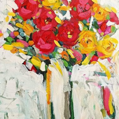 ציור מקורי: Il_fullxfull.5643326603_kfvv.jpg מציג אמנות פרחים אימפרסיוניסטית של זר אדום וצהוב באגרטל זכוכית, עם משיחות מכחול עבות ומרקמיות ורקע מופשט בהיר — דוגמה נפלאה לציור שמן מופשט של פרחים. מוסיף צבע וייחודיות לכל חלל.