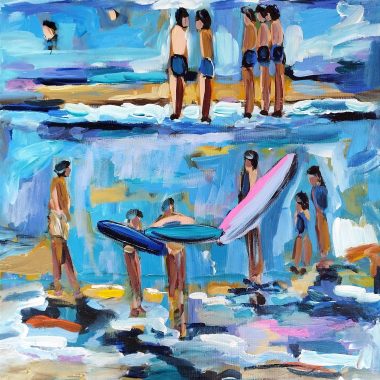 ציור מקורי: הקובץ il_fullxfull.5645954159_qdlo.jpg מתאר ציור מופשט מודרני אימפרסיוניסטי של קבוצות על חוף הים עם גלשנים, בצבעים כחולים, לבנים וחוליים עזים — יצירת אמנות מושלמת לקיר בחדר הגלישה, המשקפת את האווירה התוססת של חוף הים. מוסיף צבע וייחודיות לכל חלל.