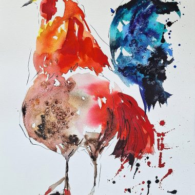 ציור מקורי: הקובץ il_fullxfull.5667258363_s35n.jpg מציג ציור מים מלא חיים של תרנגול על נייר כותנה, עם ראש בצבע אדום-כתום, גוף בצבע חום-אדום, זנב בצבע כחול-שחור ומשיחות מכחול חופשיות ומלאות הבעה עם כתמים מופשטים. מוסיף צבע וייחודיות לכל חלל.