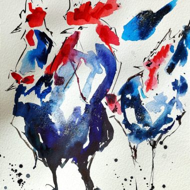 ציור מקורי: Il_fullxfull.5668454777_3jlc.jpg הוא ציור מקורי בצבעי מים המציג משיכות עזות בצבעי אדום, כחול ושחור על רקע לבן — יצירת אמנות מרשימה לקיר בית חווה, התופסת תנועה תוססת וצבעים עזים. מוסיף צבע וייחודיות לכל חלל.