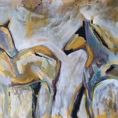 ציור מקורי: Il_fullxfull.5670573646_dhue.jpg מציג ציור מופשט ומודרני של שני סוסים בצבעים רכים של צהוב, כחול וסגול, במשיכות מכחול חופשיות וברקע מרקם בהיר — אמנות רכיבה על סוסים אידיאלית לחללים עכשוויים. מוסיף צבע וייחודיות לכל חלל.