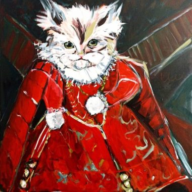 ציור מקורי: היצירה il_fullxfull.5678968555_bb1s.jpg מציגה חתול לבן ואפור ורך, לבוש בגלימה אדומה וזהובה מפוארת, עם עיניים ירוקות ומלאות הבעה, צווארון מעוטר ורקע כהה, כולם מצוירים ביד על בד. מוסיף צבע וייחודיות לכל חלל.