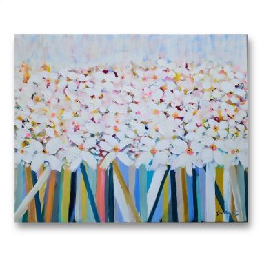 ציור מקורי: Il_fullxfull.5710778774_ptv6.jpg מציג ציור שמן מופשט ותוסס של פרחים לבנים עם מרכזים צהובים על רקע פסטל, שצויר במשיכות צבעוניות נועזות ליצירת אמנות פרחונית מקסימה בעבודת יד, המוארת כל חלל. מוסיף צבע וייחודיות לכל חלל.