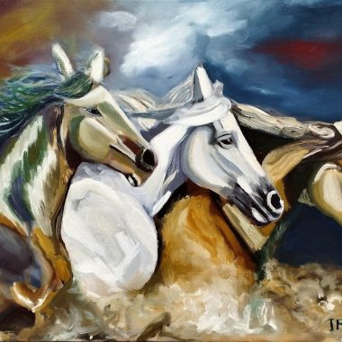 ציור מקורי: היצירה האמנותית המרשימה והדינמית il_fullxfull.5718439371_je9e.jpg מתארת שלושה סוסים רצים יחד עם רעמות מתנפנפות וגוונים עזים של כחול, כתום וחום — יצירת אמנות מושלמת של חיות, שתעניק אנרגיה ותשדרג את עיצוב הבית שלכם. מוסיף צבע וייחודיות לכל חלל.