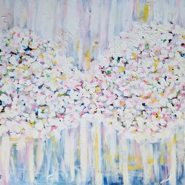 ציור מקורי: Il_fullxfull.5726032155_pf4d.jpg מציג ציור מופשט על בד קנבס בעבודת יד, עם שני אשכולות פרחים גדולים בצורת לב בצבעי פסטל, משיחות מכחול עבות ומרקמות, ורקע רך עם פסים אנכיים — יצירת אמנות פרחונית אידיאלית לכל חדר. מוסיף צבע וייחודיות לכל חלל.