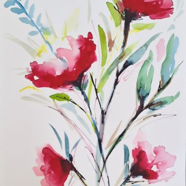 ציור מקורי: Il_fullxfull.5774049470_f8n8.jpg מציג ציור פרחים בצבעי מים עם פרחים אדומים עזים, עלים ירוקים ומשיחות מכחול חופשיות על נייר כותנה. חתימת האמן בפינה השמאלית התחתונה מוסיפה למראה האבסטרקטי של היצירה. מוסיף צבע וייחודיות לכל חלל.