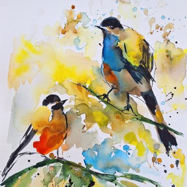 ציור מקורי: Il_fullxfull.5884436540_pzzk.jpg מציג שני ציפורים צבעוניות על ענפים עלים, מצוירות בסגנון אקוורל מלא חיים בצבעים צהוב, כחול, כתום וירוק; מחווה מלאת חיים לאמנות חיות הבר האוסטרלית על נייר כותנה משובח. מוסיף צבע וייחודיות לכל חלל.