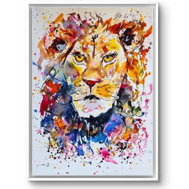 ציור מקורי: דיוקן אריה צבעוני ומלא חיים, il_fullxfull.5913794998_4cex.jpg, כולל כתמים בולטים בצבעים כתום, צהוב, אדום, סגול וכחול, עם עיניים מלאות הבעה ומשיכות מכחול מופשטות. היצירה הצבעונית ממוסגרת באלגנטיות בלבן. מוסיף צבע וייחודיות לכל חלל.