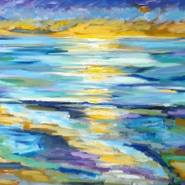 ציור מקורי: ציור שמן אימפרסיוניסטי מלא חיים של נוף ים, il_fullxfull.5919985938_rl8d.jpg, מציג משיחות מכחול נועזות בצבעים כחול, צהוב וסגול המתארות חוף בשקיעה — יצירת אמנות מודרנית על בד עם אור השמש המשתקף על המים והחול. מוסיף צבע וייחודיות לכל חלל.