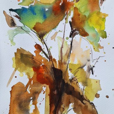 ציור מקורי: Il_fullxfull.5928388253_39kp.jpg הוא ציור פרחים מופשט בצבעי מים על נייר כותנה, עם עלים בגווני חום אדמדם, ירוק, צהוב וכתמים כחולים. משיכות מכחול רופפות וכתמים מעניקים לו סגנון אימפרסיוניסטי אורגני — אידיאלי כציור מקורי לחלל שלכם. מוסיף צבע וייחודיות לכל חלל.