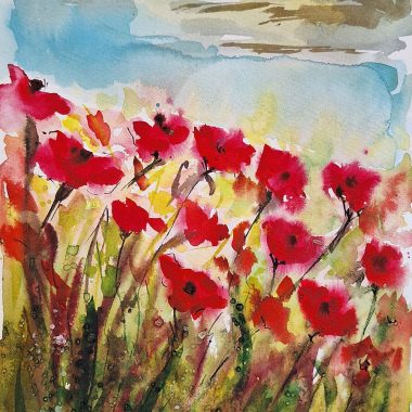 ציור מקורי: Il_fullxfull.6044412734_1m9h.jpg מציג פרחי פרג אדומים עזים ועלים ירוקים עבותים בסגנון צבעי מים, על רקע שמיים כחולים רכים ושדות זהובים — יצירת אמנות פרחונית אידיאלית לקיר, שתשדרג כל חלל. מוסיף צבע וייחודיות לכל חלל.